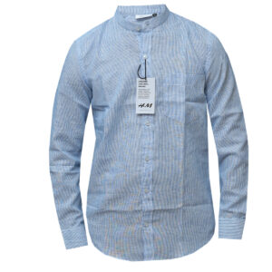 Blue Collarless Linen Shirt - Long Sleeved Shirts