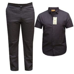 Charcoal Linen 2 Piece Outfit - Matching Shirt and Pant - Short Sleeved 2 Piece
