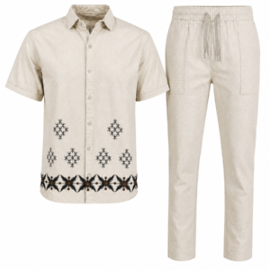 Cream Linen 2 Piece Outfit - Matching Shirt and Pant - Short Sleeved 2 Piece outfit