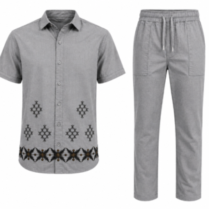 Home 37 Grey Linen Two Piece Outfit - Matching Shirt and Pant - Short Sleeved 2 Piece