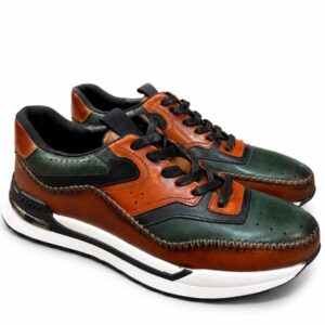 Orange Brown and Green Leather Sneaker Shoes for Men