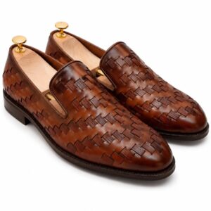 Brown Luxury Men's woven leather dress loafers with sophisticated, upscale design suitable for smart-casual and formal wear