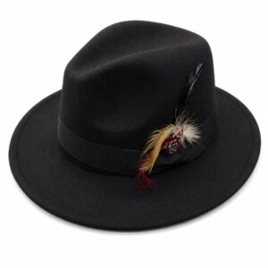 Classis Structured Black Fedora Hat Key FeaturesCrown: Features a distinct pinched front and center crease, creating a traditional teardrop shape.Brim: Medium-width, flat, and structured with a sewn, finished edge.Hatband: A matching black, textured grosgrain ribbon wraps around the base of the crown.Accents: A vibrant feather cluster is tucked into the side bow, featuring a mix of red, gold, white, and long black plumes.Material: Crafted from a dense, smooth felt material, likely wool or fur felt, giving it a matte appearance.