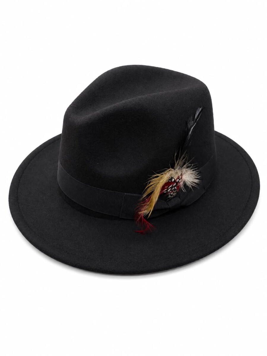 Classic Structured Black Fedora Hat 1 Classis Structured Black Fedora Hat Key FeaturesCrown: Features a distinct pinched front and center crease, creating a traditional teardrop shape.Brim: Medium-width, flat, and structured with a sewn, finished edge.Hatband: A matching black, textured grosgrain ribbon wraps around the base of the crown.Accents: A vibrant feather cluster is tucked into the side bow, featuring a mix of red, gold, white, and long black plumes.Material: Crafted from a dense, smooth felt material, likely wool or fur felt, giving it a matte appearance.