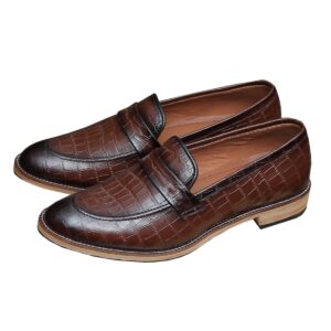 Deep Brown Men's penny loafers with crocodile-embossed texture