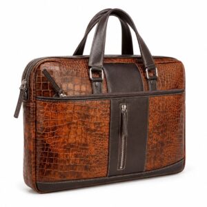Leather Briefcase - Laptop Office Bag with Brown crocodile skin texture