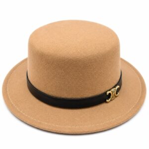 Brown flat-top boater style fedora hat