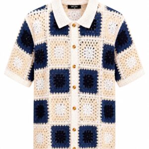 Crochet Shirts for Men - Navy Blue, Cream & White