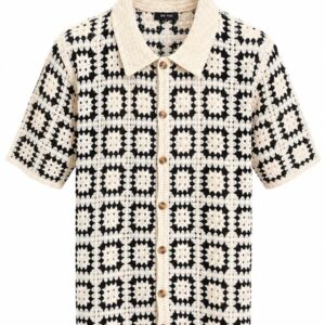 Crotchet Knitted Short Sleeved Shirt - Cream and Black