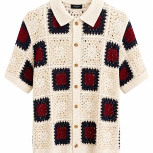 Short-Sleeve Crochet Knit Button-Down Shirt