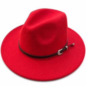 Vibrant Crimson Red Wide-Brim Fedora Hat features a structured teardrop crown, a flat, medium-to-wide stitched brim, and a sleek black faux-leather accent band adorned with a detail