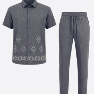 Home 31 Dark Grey Linen 2-Piece Suit for Men - Short Sleeved Shirt and Long Pants