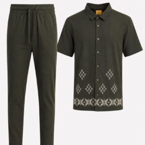 Deep Olive Green Linen 2-Piece for Men - Matching Short Sleeved Shirt with Long Trousers