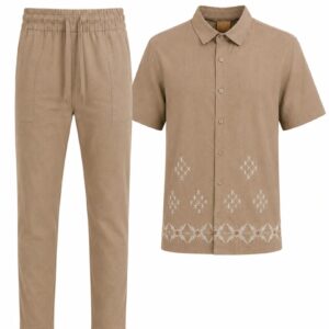 Home 51 Latte Brown Linen 2-Piece for Men - Short Sleeved Shirt and Long Pants